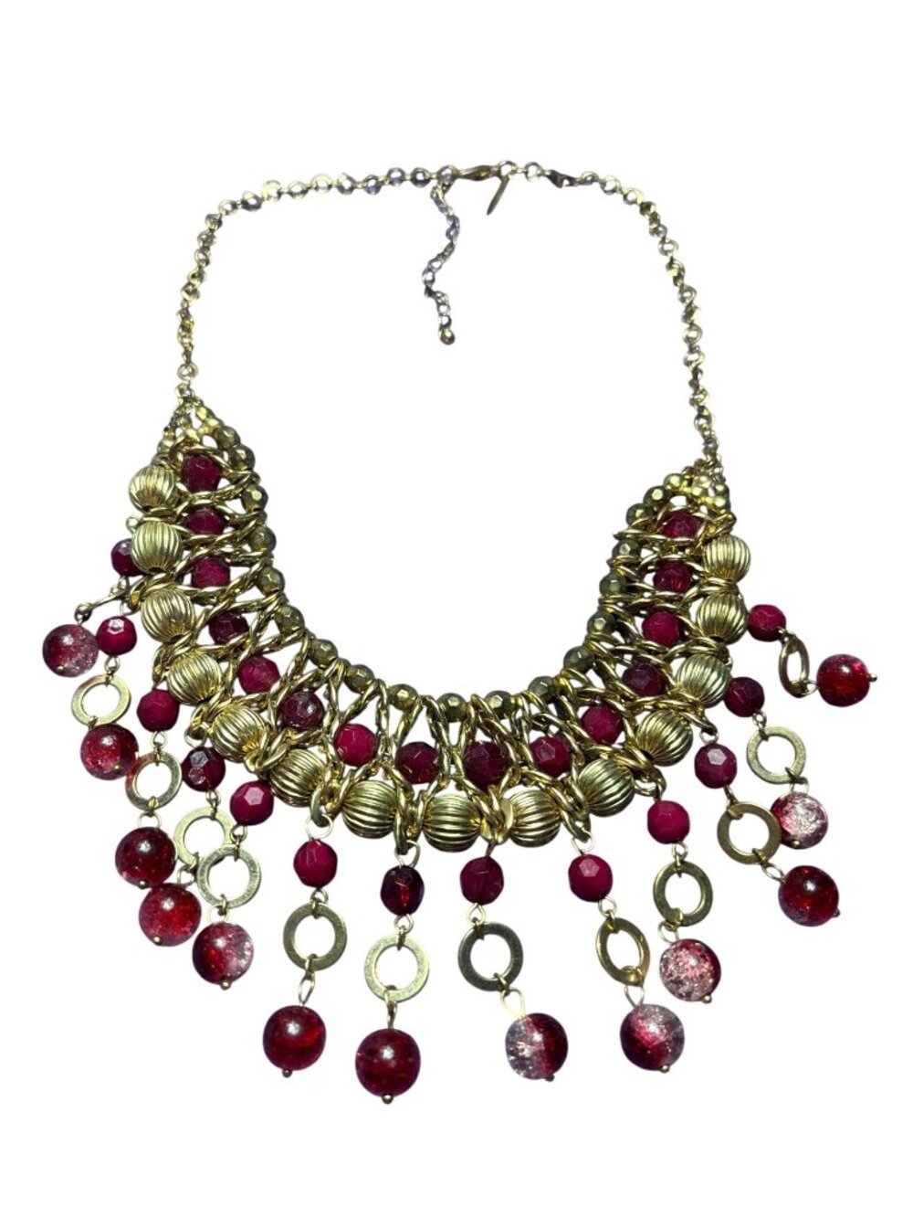 Vintage Y2K NY New York & Company Beaded Bib Necklace Goldtone Faceted Red Clear
